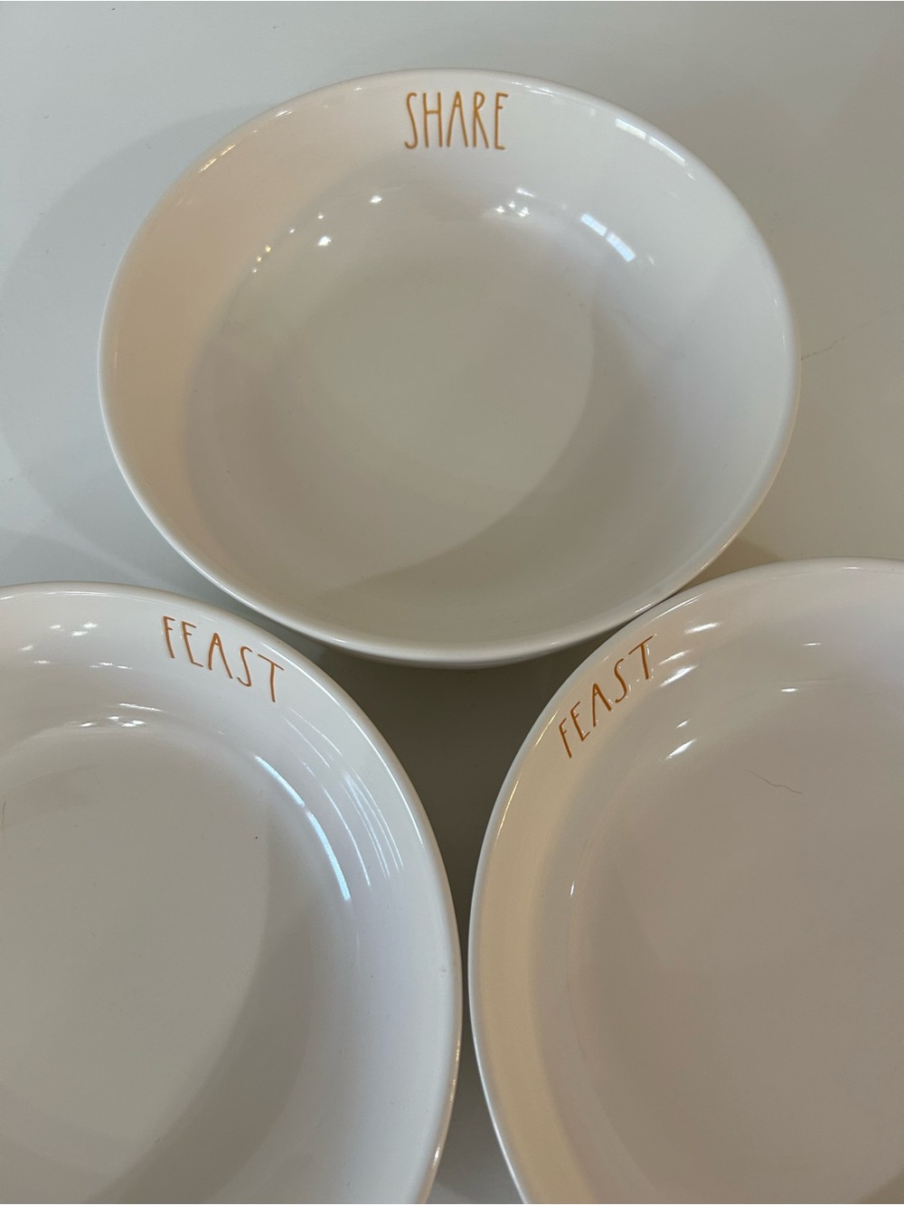 Rae Dunn Set of 3 Pasta Bowls, orange letters, SHARE, FEAST